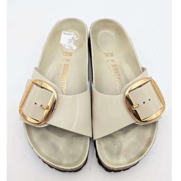 Birkenstock Madrid Big Buckle Natural Leather Patent High Shine Sandals USW8/M6 - Picture 10 of 13